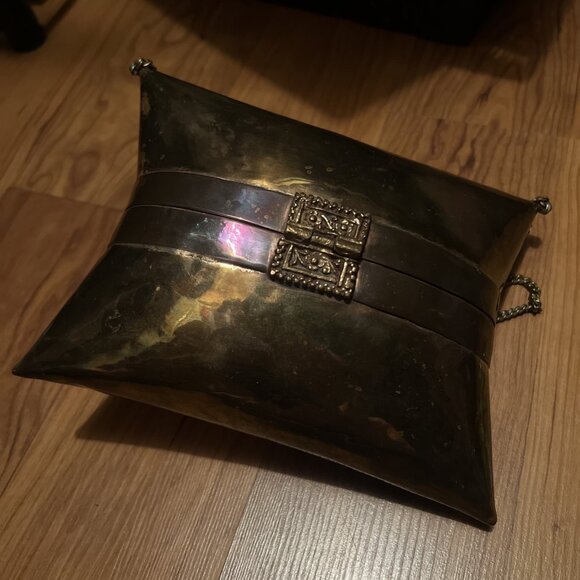 Vtg Brass Pillow Purse Square Copper Art Deco Handbag Chain Shoulder Strap Latch - Picture 8 of 15